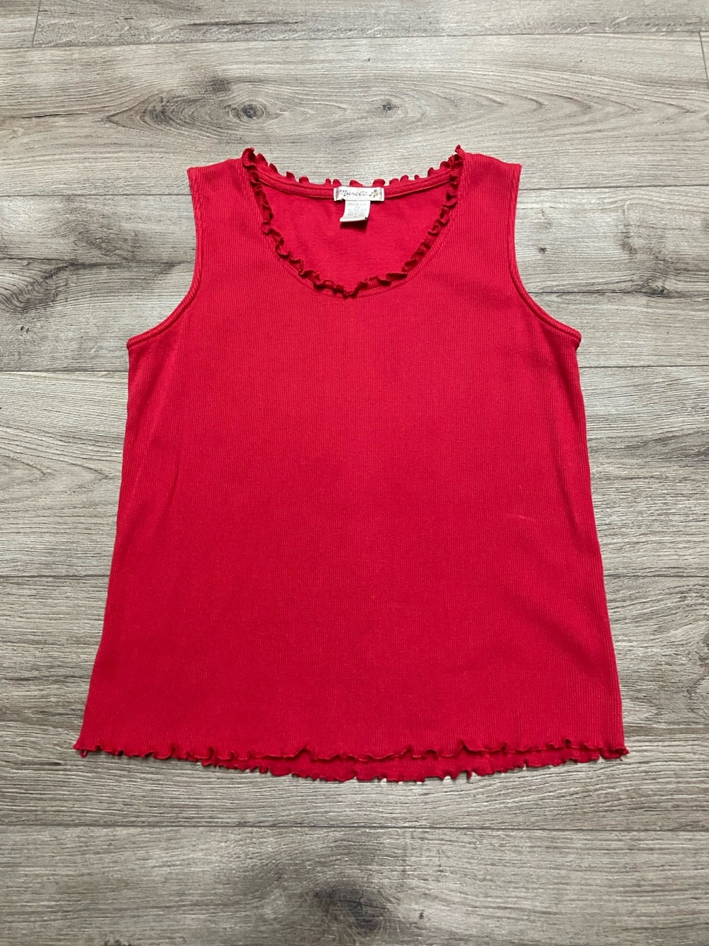 Vintage Ribbed Tank Ruffle Trim Womens Medium Sleeveless Cotton Red Tank